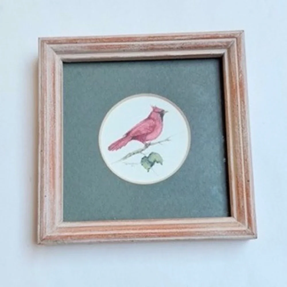 Vintage 1999 Framed Cardinal Bird Miniature Art Whitewash Wood Frame 3.75in